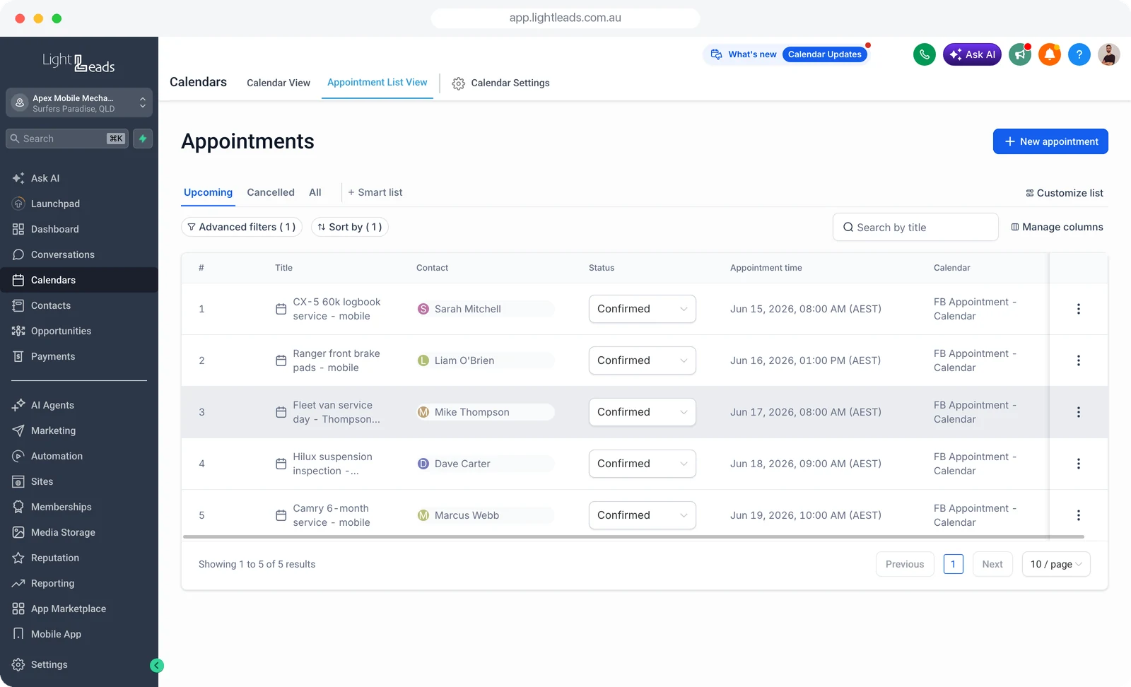 Confirmed appointments the AI booked straight into the calendar, shown in the Light Leads system
