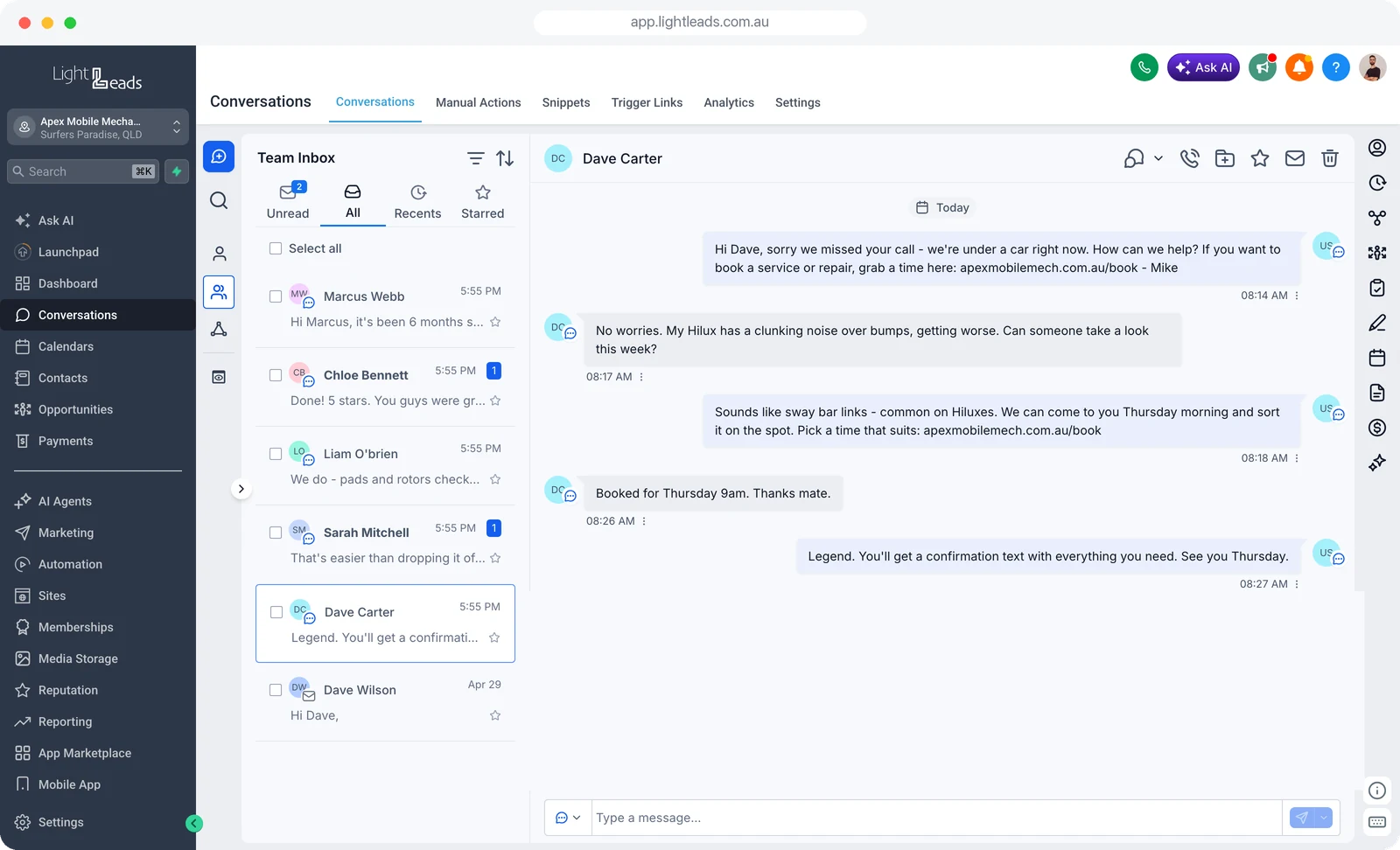 The Light Leads CRM inbox showing a missed-call text-back conversation that books a job